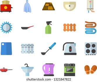 Color flat icon set sink flat vector, flooring, heating batteries, boiler, frying pan, electric kettle, ladle, towel, cutting board, stove, gas, toaster, pulverizer, slippers fector