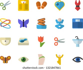 Color flat icon set sink flat vector, tulip, butterflies, pool, weighing machine, buttocks, swimsuit, yoga, gymnastics, hoop, aquapark fector, slippers, heart pendant, scissors, eye
