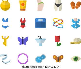 Color flat icon set sink flat vector, tulip, butterflies, pond, weighing machine, centimeter, buttocks, waistline, fitball, swimsuit, yoga, gymnastics, hoop, sun protection cream fector, slippers