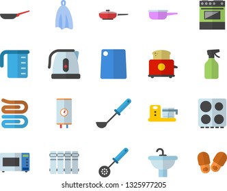 Color flat icon set sink flat vector, heating batteries, boiler, frying pan, saute, meashuring cup, electric kettle, ladle, kitchen spoon, towel, cutting board, stove, microwave, toaster, pulverizer