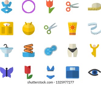 Color flat icon set sink flat vector, tulip, butterflies, pond, weighing machine, centimeter, waistline, fitball, swimsuit, yoga, gymnastics, hoop, sun protection cream fector, aquapark, scissors