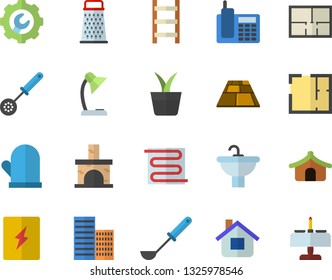 Color flat icon set sink flat vector, house layout, skyscraper, switch box, repair, flooring, warm floor, potholder, ladle, kitchen spoon, grater, home plant, ladder, fireplace, telephone