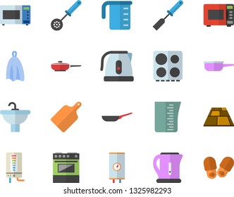 Color flat icon set sink flat vector, flooring, boiler, frying pan, saute, meashuring cup, electric kettle, kitchen spatula, spoon, towel, cutting board, stove, microwave, slippers fector