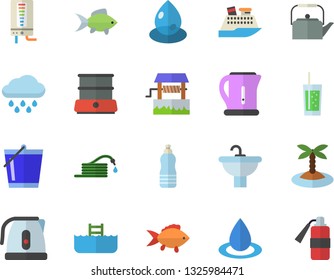 Color flat icon set sink flat vector, boiler, teapot, electric kettle, double, fish, soda, well, hose, bucketful, rain, drop, water, island fector, pool, cruise ship, fire extinguisher