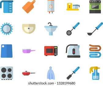 Color flat icon set sink flat vector, boiler, frying pan, saute, meashuring cup, electric kettle, ladle, kitchen spatula, spoon, towel, cutting board, stove, gas, microwave, food processor
