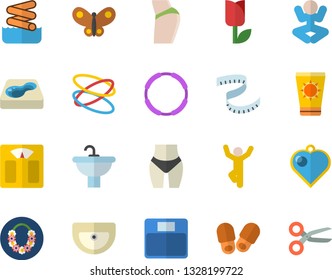 Color flat icon set sink flat vector, tulip, butterflies, pool, weighing machine, centimeter, buttocks, waistline, yoga, gymnastics, hoop, sun protection cream fector, hawaiian wreath, aquapark