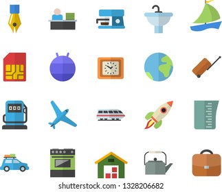 Color flat icon set sink flat vector, meashuring cup, teapot, electric stove, coffee machine, refueling, SIM card, clock, sailboat, warehouse, ink pen, office worker, rocket, fitball, earth fector