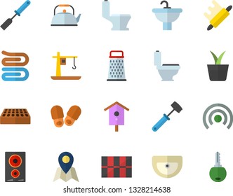 Color flat icon set sink flat vector, toilet, tile, brick, teapot, kitchen spatula, towel, rolling pin, meat hammer, induction cooker, grater, nesting box, home plant, crane, location fector, key