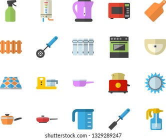 Color flat icon set sink flat vector, flooring, heating batteries, boiler, frying pan, saute, meashuring cup, electric kettle, kitchen spatula, spoon, cutting board, stove, gas, microwave, toaster