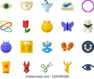 Color flat icon set sink flat vector, tulip, butterflies, pool, weighing machine, waistline, fitball, swimsuit, yoga, gymnastics, hoop, sun protection cream fector, hawaiian wreath, slippers, eye