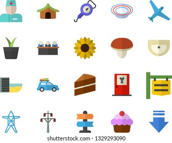 Color flat icon set sink flat vector, cake, spring balance, mushroom, dish, home plant, flower, power line support, signboard, physician, meeting, aircraft fector, car, tent, hotel first, pointer
