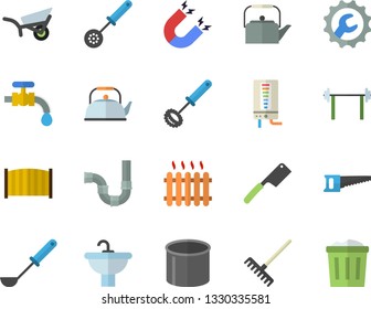 Color flat icon set sink flat vector, pipes, repair, fence, boiler, teapot, ladle, kitchen spoon, whisk, knives, saw, rake, garden wheelbarrow, water tap, pipe production, radiator, magnet, barbell