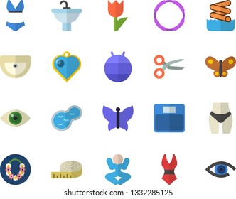 Color flat icon set sink flat vector, tulip, butterflies, pond, weighing machine, centimeter, waistline, fitball, swimsuit, yoga, hoop, hawaiian wreath fector, aquapark, heart pendant, scissors, eye