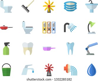 Color flat icon set sink flat vector, toilet, shower, faucet, frying pan, saute, plates, windmill, pulverizer, rake, bucketful, hose irrigation, caries, dental crowns, reading lamp, drop