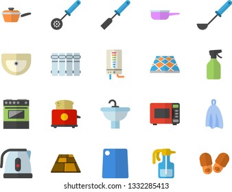 Color flat icon set sink flat vector, flooring, heating batteries, boiler, saute, electric kettle, ladle, kitchen spatula, spoon, towel, cutting board, stove, microwave, toaster, pulverizer