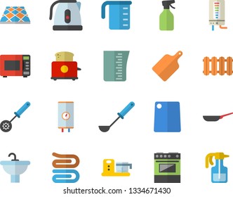 Color flat icon set sink flat vector, flooring, heating batteries, boiler, frying pan, meashuring cup, electric kettle, ladle, kitchen spoon, towel, cutting board, stove, microwave, toaster