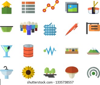 Color flat icon set sink flat vector, colander, spice, mushroom, canned food, sashimi, cocktail, flower, forest, fabric manufacture, signboard, team, scatter chart, pen, electric discharge vector