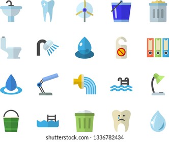 Color flat icon set sink flat vector, toilet, shower, bucketful, hose irrigation, drop, tooth, caries, reading lamp, windmill, folders for papers, pool, do not disturb fector, trash can