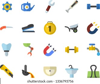 Color flat icon set sink flat vector, stationery knife, blender, watering can, garden wheelbarrow, water tap, magnet, wrench, metallurgy, cogwheel, implant, stapler, robot hand, dumbbell, medal