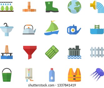 Color flat icon set sink flat vector, pipes, boiler, teapot, sprinkling machine, watering can, bucketful, hose irrigation, gumboots, oil production platform, hydroelectric power station, radiator