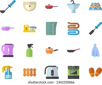 Color flat icon set sink flat vector, flooring, heating batteries, frying pan, saute, meashuring cup, electric kettle, ladle, kitchen spatula, towel, stove, food processor, pulverizer