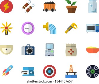 Color flat icon set sink flat vector, microwave, coffee machine, porridge, shashlik, seeds, home plant, hose irrigation, oil production platform, trammel, windmill, mining, glass bottles, rocket
