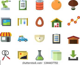 Color flat icon set sink flat vector, sausage, canned food, orange, mushroom, chemistry, store front, warehouse, scatter chart, clipboard, sticker, beakers, industrial robot, skipping rope, gallery