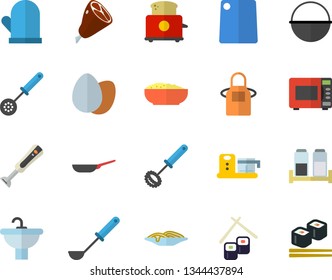 Color flat icon set sink flat vector, frying pan, cauldron, apron, potholder, ladle, kitchen spoon, whisk, cutting board, microwave, toaster, blender, spice, food processor, egg, spaghetti, porridge