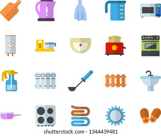 Color flat icon set sink flat vector, heating batteries, boiler, saute, meashuring cup, electric kettle, ladle, towel, cutting board, stove, gas, microwave, toaster, food processor, pulverizer