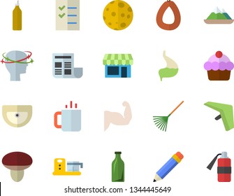 Color flat icon set sink flat vector, food processor, cake, sausage, tea, mustard, mushroom, rake, glass bottles, headache, stomach, document, to do list, pencil, moon, muscles, hang glider fector