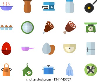 Color flat icon set sink flat vector, saucepan, saute, teflon, weighing machine, apron, potholder, kitchen egg timer, towel, fridge, coffee, glass jar, sieve, jugful, soup, ham, table setting fector
