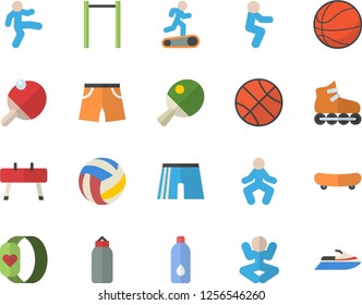 Color flat icon set skateboard flat vector, basketball, volleyball, parallel bars, sports equipment horse, pear, athletic shorts, roller Skates, yoga, Treadmill, gymnastics, squats, water