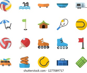 Color flat icon set skateboard flat vector, volleyball, sports flag, tennis ball, roller Skates, pool, table, sport bag, trailer fector, tent, sea beach, chaise lounge, aquapark, transfer