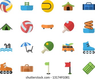 Color flat icon set skateboard flat vector, volleyball, sports flag, tennis ball, roller Skates, pool, table, sport bag, tent fector, chaise lounge, aquapark, transfer, inflatable mattress