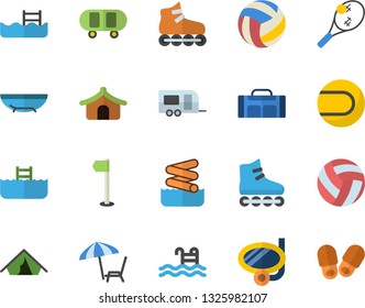 Color flat icon set skateboard flat vector, volleyball, sports flag, tennis ball, roller Skates, pool, sport bag, trailer fector, tent, sea beach, chaise lounge, swimming mask, aquapark, slippers