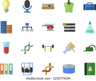Color flat icon set skyscraper flat vector, spice, canned food, spaghetti on a fork, bell pepper, whiskey, hose, blood test, helicopter, DNA, gas burner, folders for papers, classification, barbell