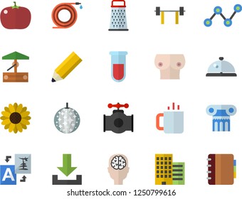 Color flat icon set skyscraper flat vector, grater, tomato, tea, well, flower, hose, main pipeline, scatter chart, blood test, breast, pencil, brain fector, barbell, antique column, disco ball