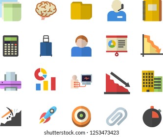 Color flat icon set skyscraper flat vector, mining, rocket, crisis, statistics, diagnostics, clip, chart, computer file, sticker, phone operator, printer, notebook, calculator, brain, target, user