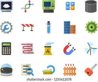 Color flat icon set skyscraper flat vector, repair, warm floor, barrier, pipe production, radiator, cogwheel, calculator, ultrasound, tomograph, magnifier, nuclear power plant, magnet, beakers, dna