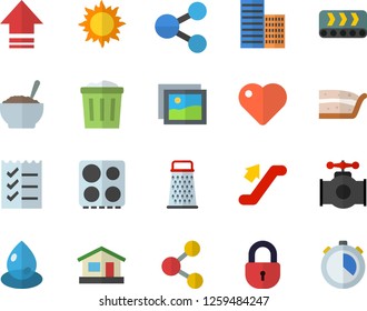 Color flat icon set skyscraper flat vector, electric stove, grater, piece of cake, porridge, house, sun, main pipeline, conveyor, drop, molecules, heart, to do list, escalator fector, share, gallery