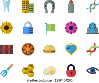 Color flat icon set skyscraper flat vector, tile, hamburger, scrambled eggs, honeycomb, flower, horseshoe, pitchfork, ventilation, flag, DNA, tooth, office building, sports pear, lock, eye