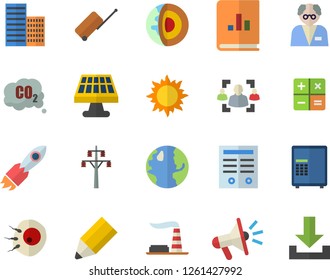 Color flat icon set skyscraper flat vector, sun, solar battery, earth, factory, power line support, carbon dioxide, rocket, mouthpiece, book balance accounting, calculator, artificial insemination