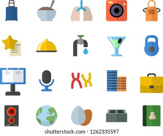 Color flat icon set skyscraper flat vector, brick, apron, induction cooker, dish, egg, porridge, cocktail, water tap, billboard, case, chromosomes, lungs, weight, earth fector, luggage, microphone
