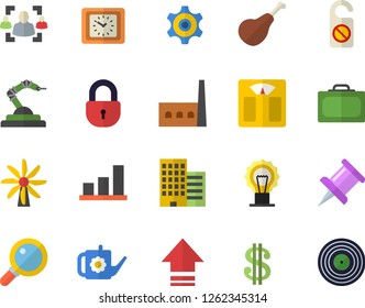 Color flat icon set skyscraper flat vector, ham, watering can, windmill, manufactory, robotics, cogwheel, dollar, clock, drawing pin, recruitment, chart, weighing machine, suitcase fector, upload