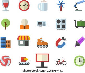 Color flat icon set skyscraper flat vector, electric stove, wine, windmill, tree, conveyor, magnet, store front, billboard, person, marker, coffee, reading lamp, volleyball, roller Skates, bicycle