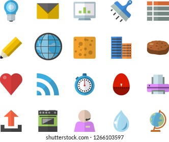 Color Flat Icon Set Skyscraper Flat Vector, Putty Knife, Kitchen Egg Timer, Electric Stove, Cheese, Cutlet, Lamp, Earth, Heart, Computer Chart, Phone Operator, Printer, Pencil, Stopwatch, Menu, Drop