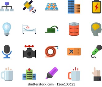 Color flat icon set skyscraper flat vector, flooring, canned food, tea, hose, battery, main pipeline, marker, hospital bed, coffee, satellit, bulb, classification, brain fector, ticket, microphone