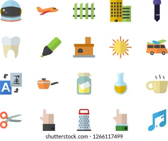 Color flat icon set skyscraper flat vector, fence, saute, grater, sun, fireplace, marker, medical analysis, dental crowns, coffee, tie, astronaut helmet fector, aircraft, transfer, scissors, note