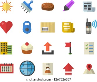 Color flat icon set skyscraper flat vector, putty knife, cupcake, cutlet, sun, earth, marker, phone call, calendar, barcode, heart, document, to do list, weight, sports flag, indentity card fector