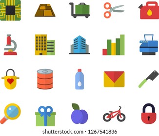 Color flat icon set skyscraper flat vector, flooring, apron, knives, canned food, plum, canister, motherboard, chart, present, office building, copy machine, mail, microscope, bicycle, water, lock